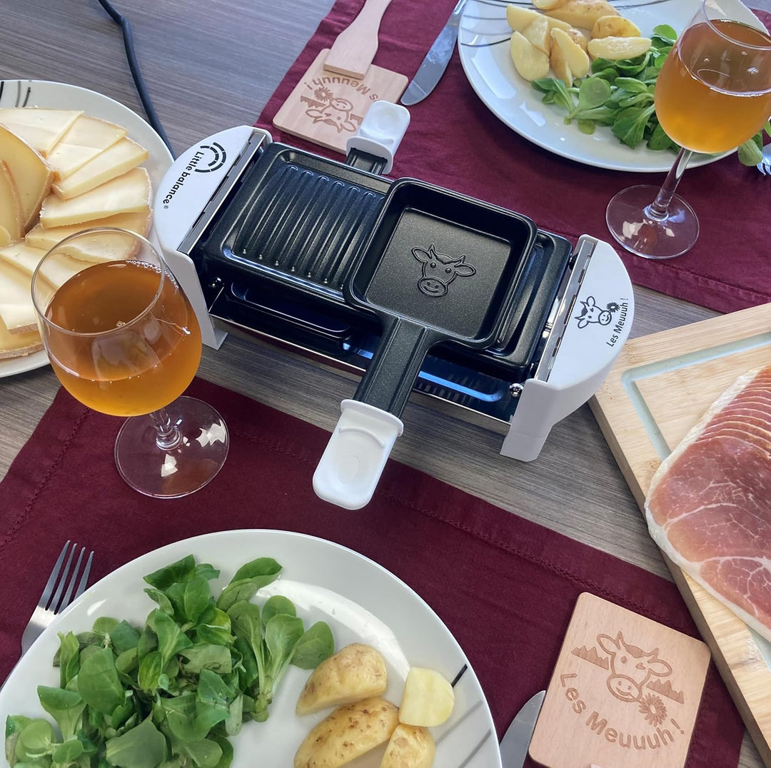 LITTLE BALANCE 8614 Raclette 2 Meuuh…, Raclettegerät für 1/2 Personen, abnehmbarer Grill, 2 Spatel +