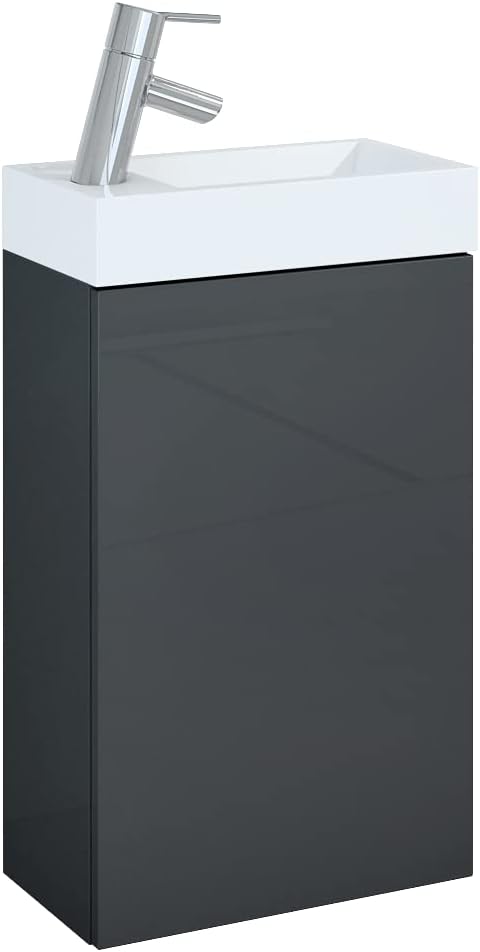 VBChome Badmöbel Set 40 cm Weiss Waschbecken mit Anthrazit Hängeschrank Waschtisch 1-Türen Push to O
