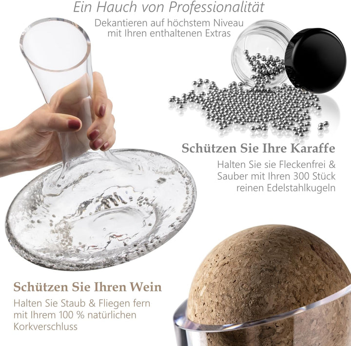 Dekanter & Zubehör (Korkverschluss + Reinigungsperlen aus Edelstahl) - 100% bleifreie Weinkaraffe au