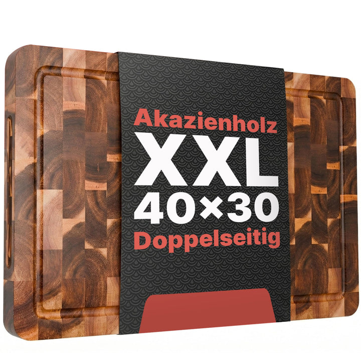 Matakumi Holzschneidebrett – Schneidebrett aus Holz aus Akazie mit Seitengriffen, Saftrille und Stir