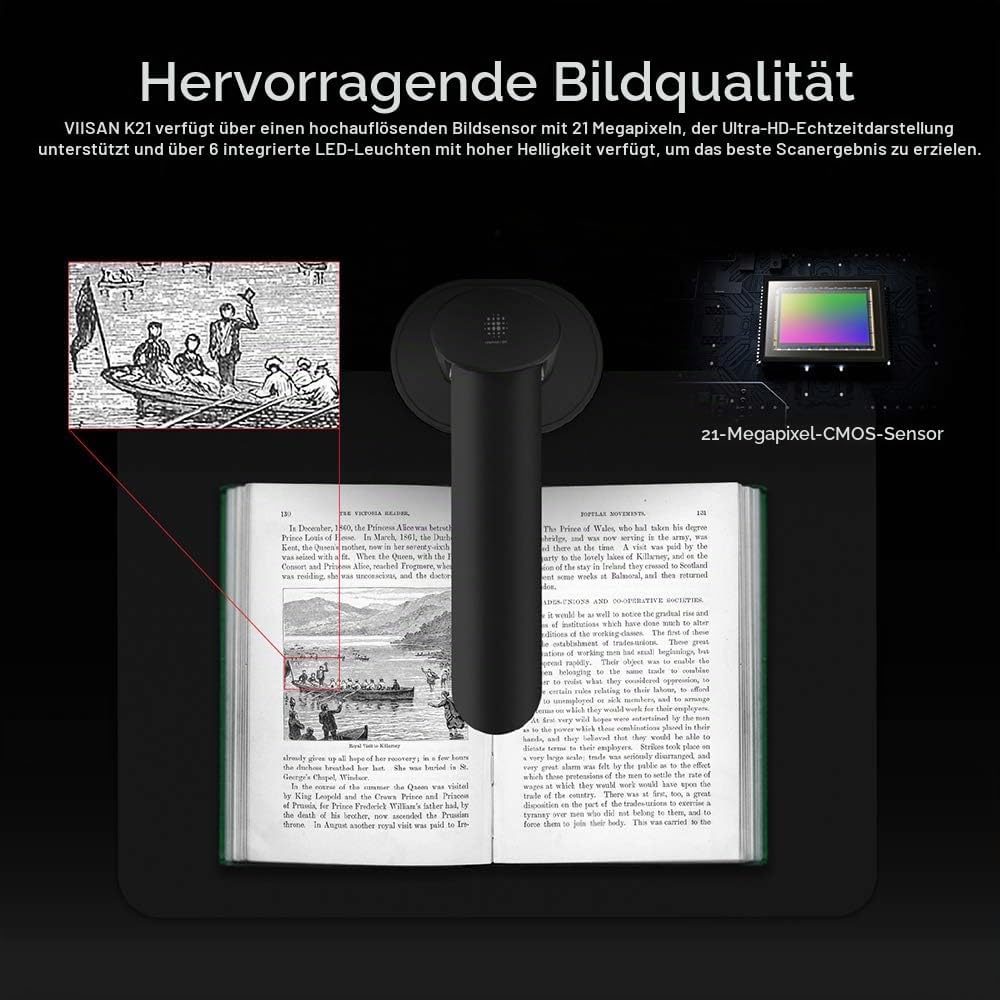 Viisan K21 Dokumenten-&amp; Buchscanner Max Scanbereich A3. 21MP Sensor Buch-Doppelseiten Glätten &amp; Auft
