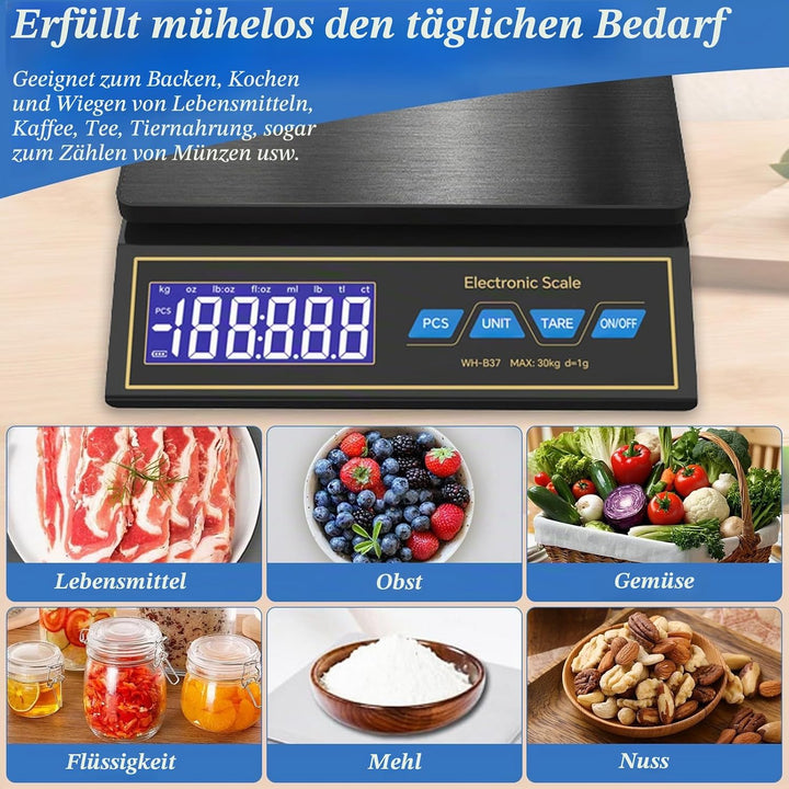 Waage Küchenwaage, Edelstahl Digitalwaage 30kg/66lb mit 9 Masseinheit, PCS Zähl, Auto Shutdown, Tara