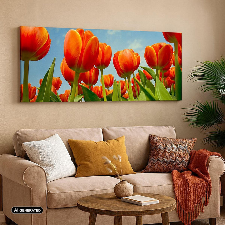 Panorama Bilder auf Leinwand 100x40cm Leinwandbild Tulpe Blume blauer Himmel Gross Wanddeko Bild Sch
