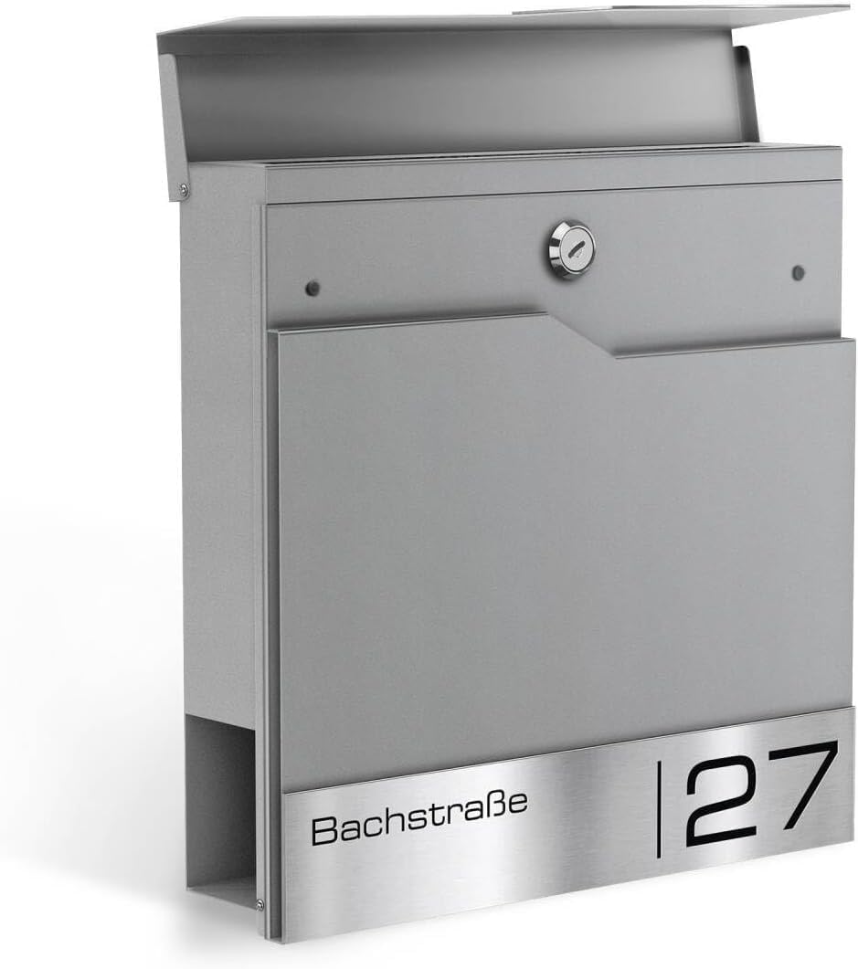 Metzler Briefkasten in RAL 9007 Graualuminium Enno - Wandbriefkasten mit V2A Edelstahl-Namensschild