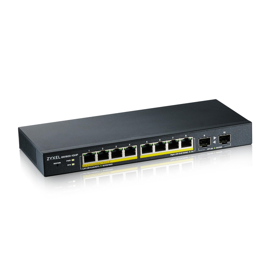 ZyXEL 8-Port Gigabit Ethernet Smart Managed PoE Switch mit 77 Watt Budget - lüfterloses Design und 2