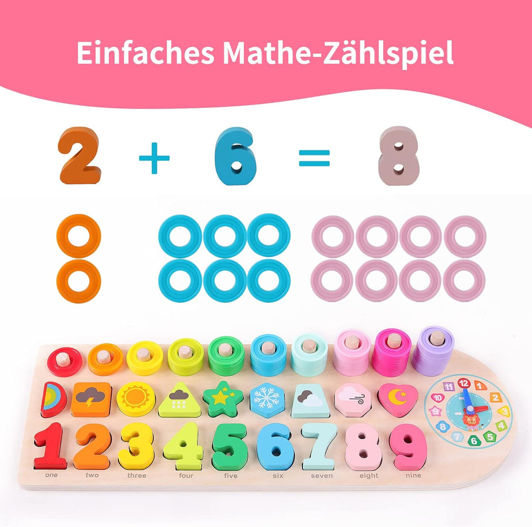 ANPEAC Holzpuzzles mit Lernuhr, Montessori Holz-Puzzle-Spielzeug,Lernspiel Mathematik für Kinder Bab