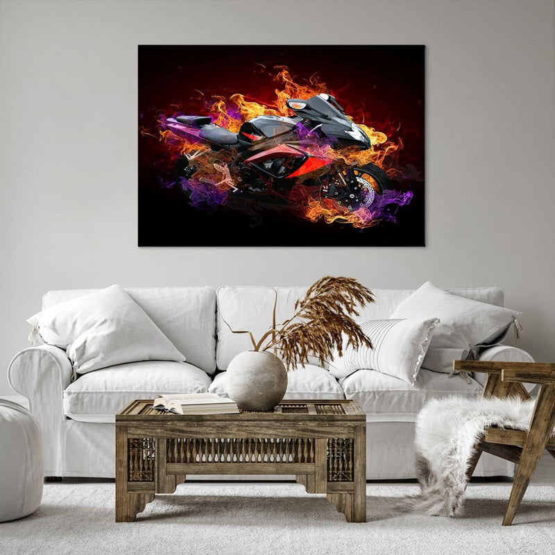 Bilder auf Leinwand 100x70cm Leinwandbild Motorrad Feuer Abstraktion Gross Wanddeko Bild Schlafzimme