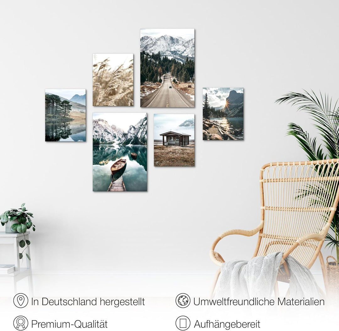 Novart Wandbilder Set See Berge Landschaft Natur - KEIN EXTRA RAHMEN BENÖTIGT - Modern Deko - Wohnzi