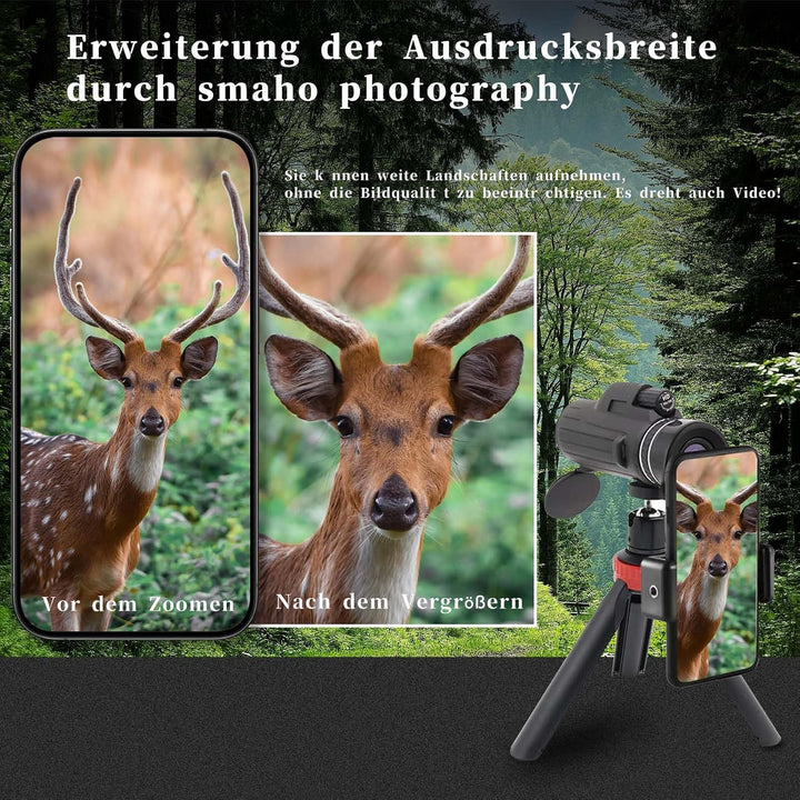 Monokular mit Smartphone-Halterung und Mini-Stativ | BAK4-Prisma und FMC-Optik, inklusive Smartphone