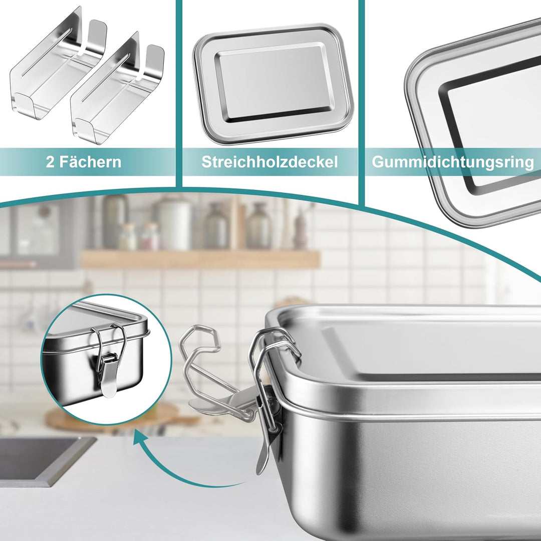 Homikit Brotdose mit Fächern, 2 Stück Edelstahl Bento Box Lunchbox für Kinder & Erwachsene, Lunch Bo