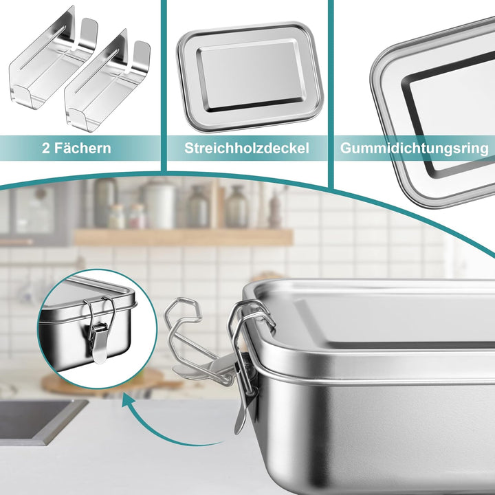 Homikit Brotdose mit Fächern, 2 Stück Edelstahl Bento Box Lunchbox für Kinder & Erwachsene, Lunch Bo