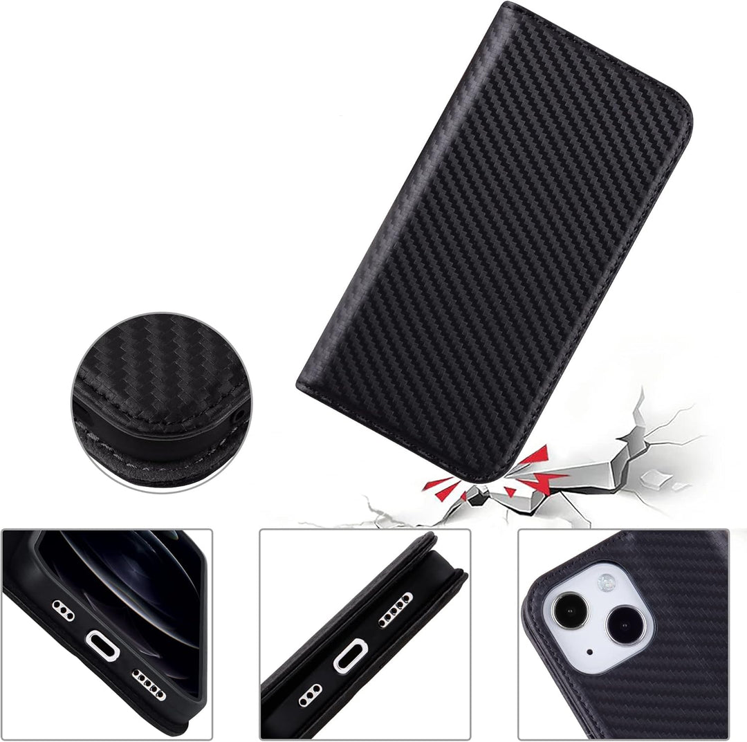 VISOUL iPhone 13 Hülle, Handyhülle [100% Karbonfaser-Leder] [RFID Schutz] [Schützt vor Stoss] [Stand