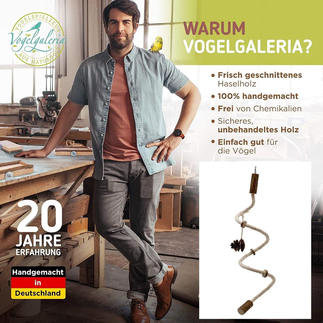 Vogelgaleria® handgemachtes Wellensittich Spielzeug | Kletterspirale mit Natur Knabberringen für Vög