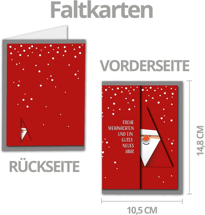 NEUSER PAPIER 100x Weihnachtskarten-Set DIN A6 mit rotem Weihnachtsmann Motiv - Faltkarten mit passe