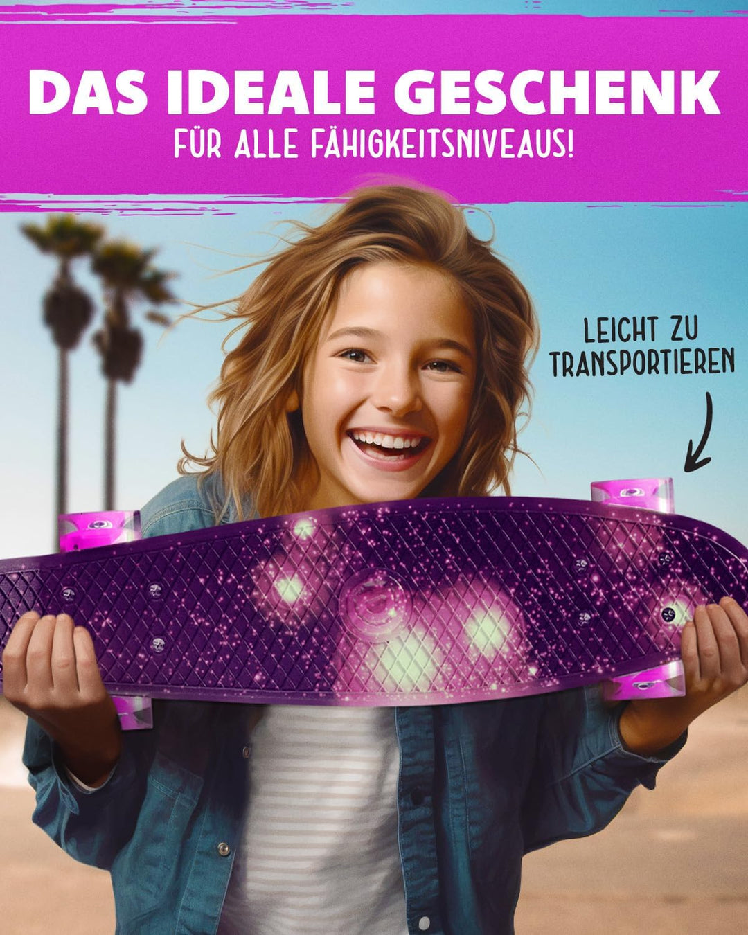 Deleven Skateboard mit LED Rollen, Skate Tool und ABEC 7 Lager - Kinder Erwachsene Anfänger - 56 cm