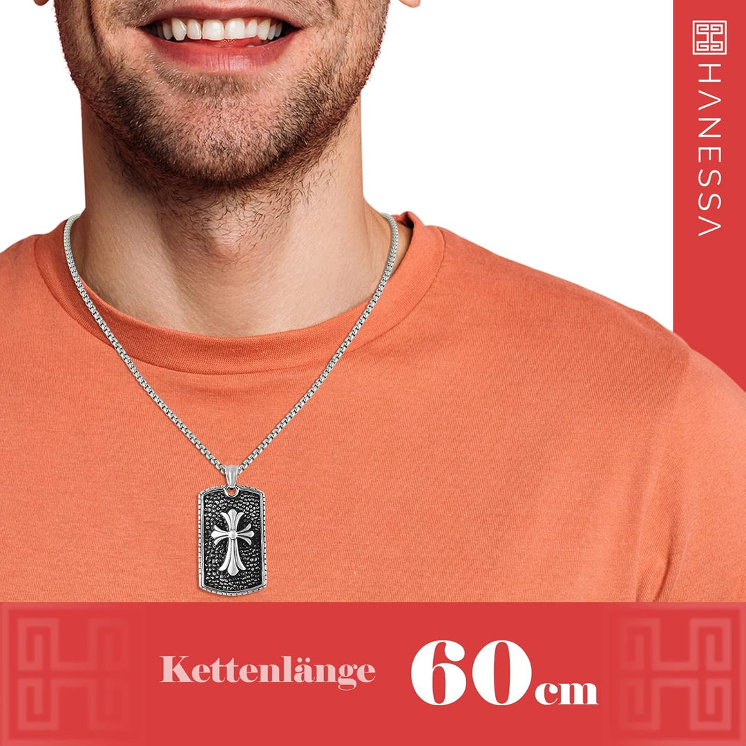 Hanessa Personalisierte Kette mit Gravur Edelstahl 60 cm mit Anhänger Dog Tag mit Kreuz in silber/sc