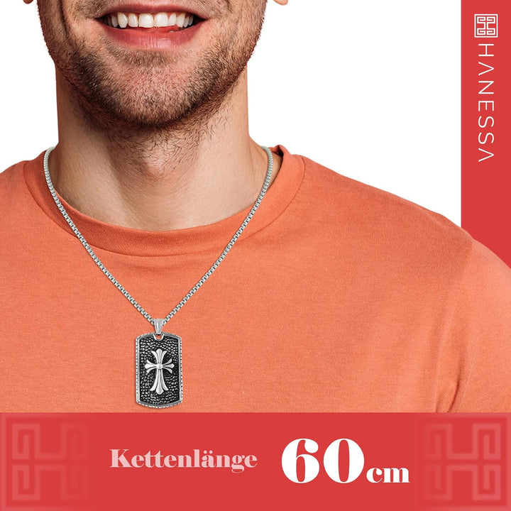 Hanessa Personalisierte Kette mit Gravur Edelstahl 60 cm mit Anhänger Dog Tag mit Kreuz in silber/sc