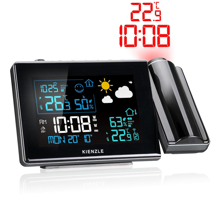 Kienzle Funk-Wetterstation mit Projektion, Farbdisplay, Aussensensor, Schimmelwarnung, 2 Weckzeiten