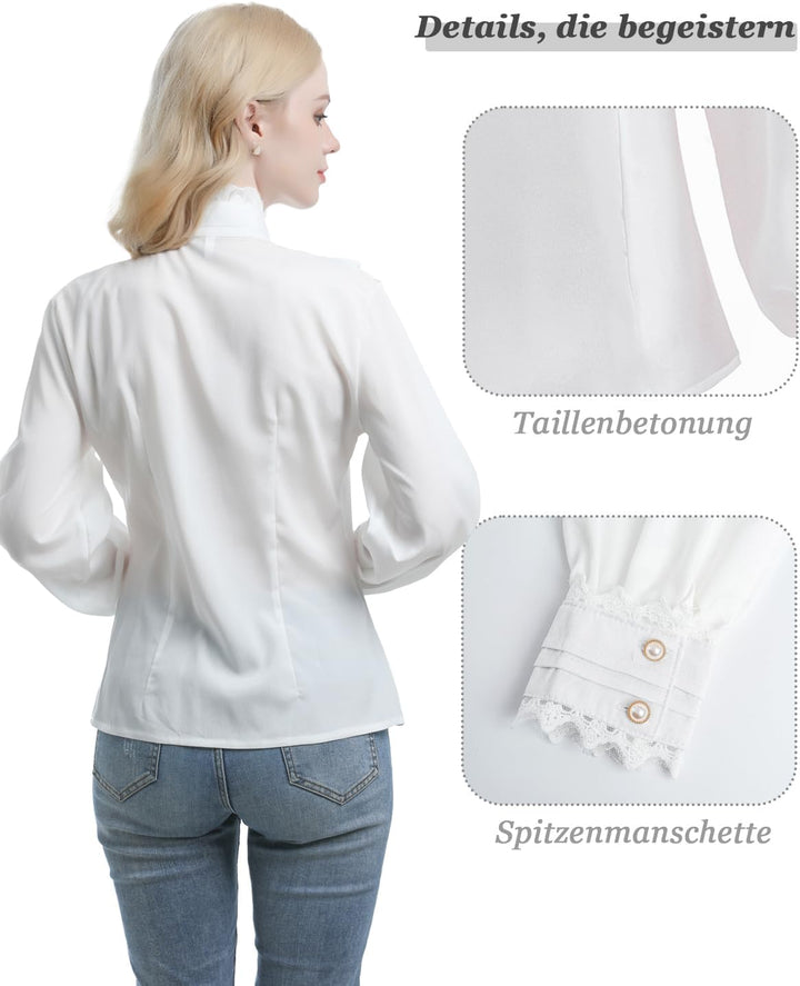 Fiamll Damen Viktorianisch Bluse Vintage Schleifenhemd Stehkragen mit Rüschen Langarmshirt Mittelalt