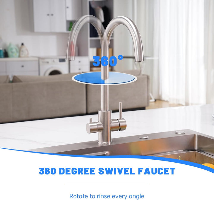 DAYONE 3 Wege Wasserhahn Küche, Trinkwasserhahn mit 2 Hebel, 360° Drehbar Wasserhahn Küche Edelstahl