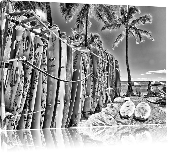 Pixxprint Monocrome, Surfboards am Strand, Format: 100x70 auf Leinwand, 100x70