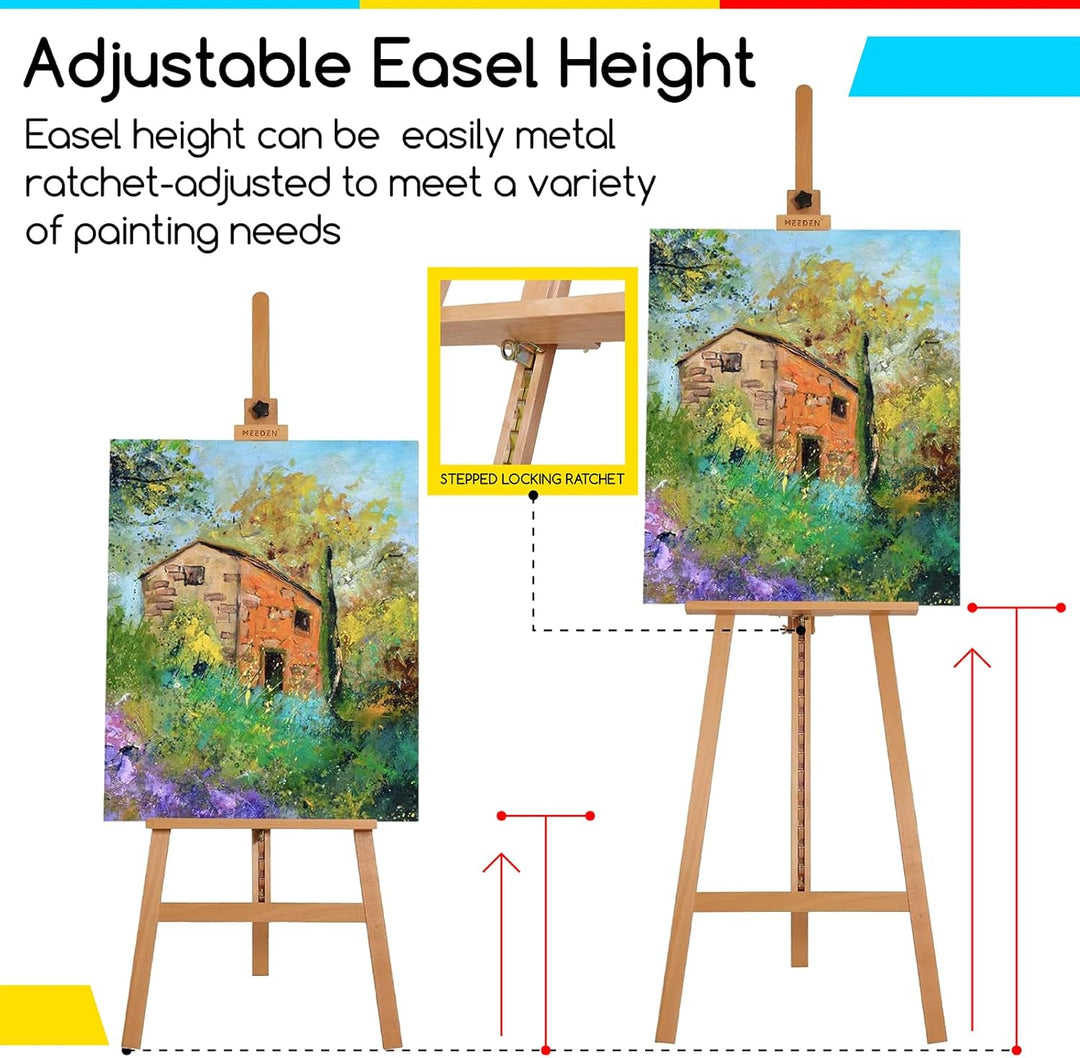 MEEDEN Basic Staffelei aus Holz: Staffelei für Bodenmalerei, Einstellbare Höhe von 145 bis 193 cm (5
