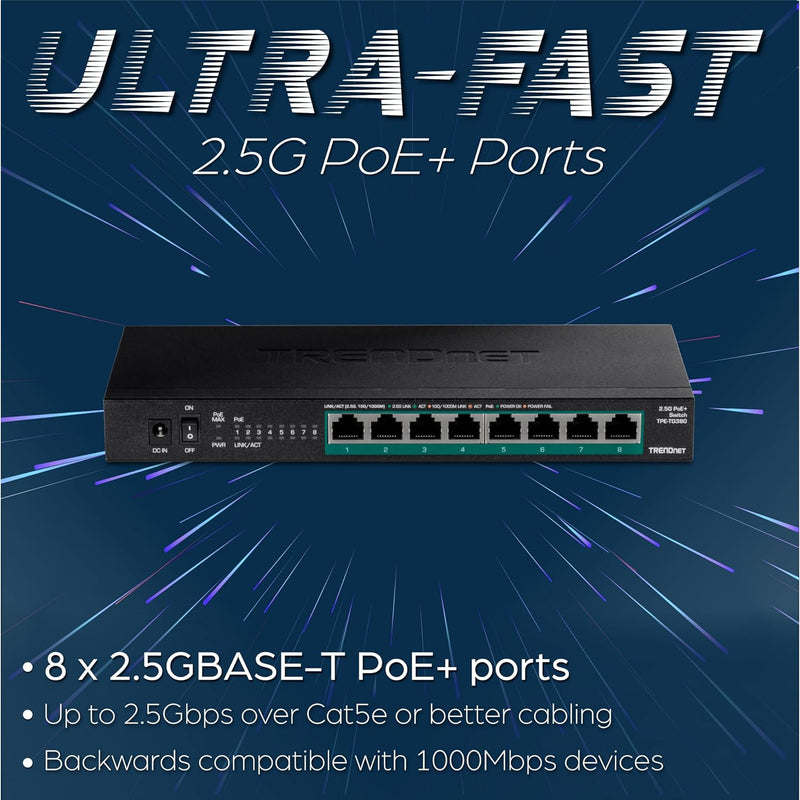 TRENDnet TPE-TG380 Unmanaged 2.5G PoE+ Switch mit 8 Ports, lüfterlos, kompaktes Desktop-Design, Meta