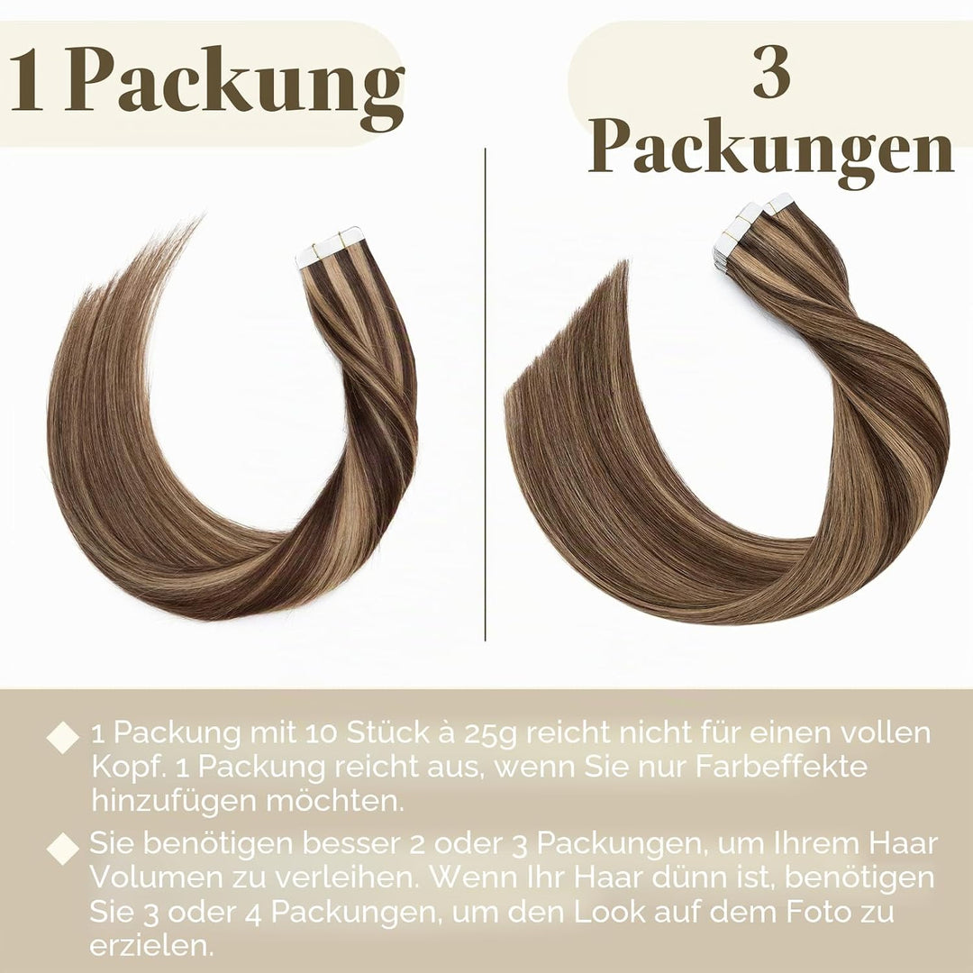 SEGO Tape Extensions Echthaar Haarverlängerung Klebeband Haarteile Glatt Haar 10pcs Mittelbraun/Honi