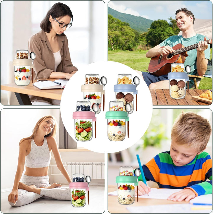 CEWROM 4er Set Müslibecher to Go,480 ml Haferglas mit Deckel, Doppelwandiger Glasbehälter mit Deckel