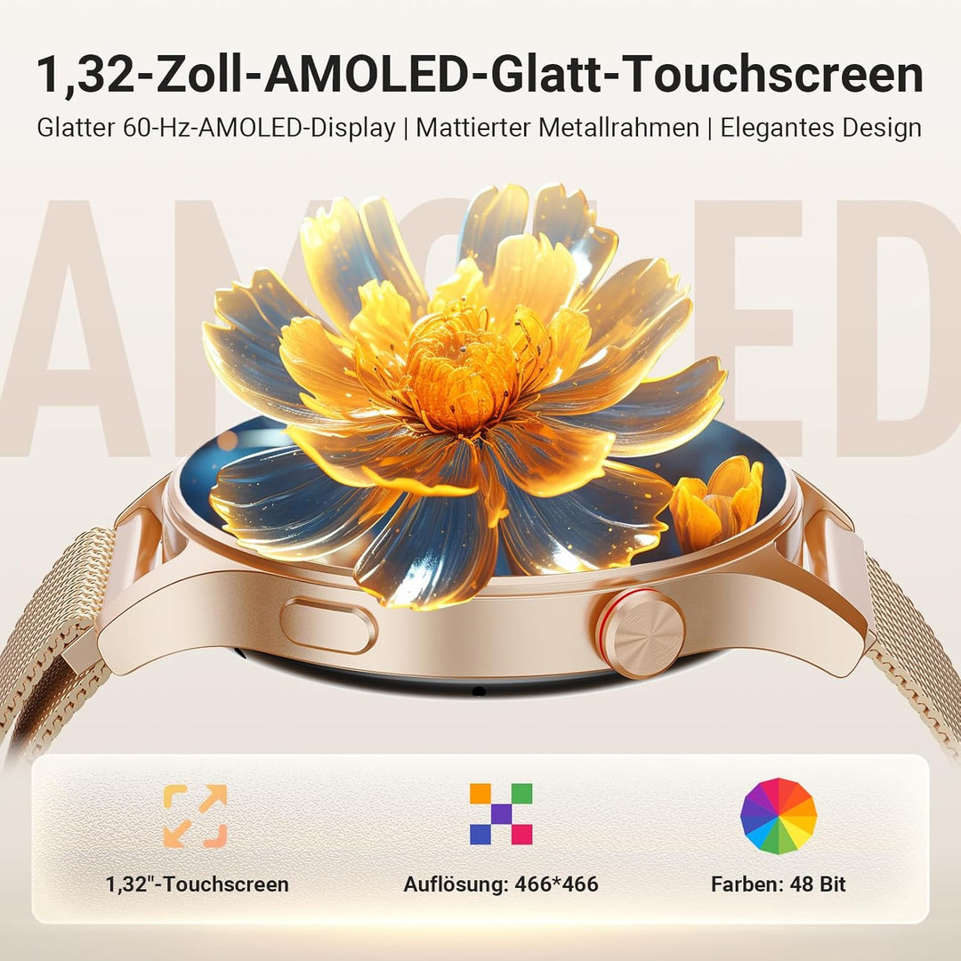 Smartwatch Damen Herren Rund mit Telefonfunktion- 1.32" AMOLED Display, Fitnessuhr mit 110+ Sportmod