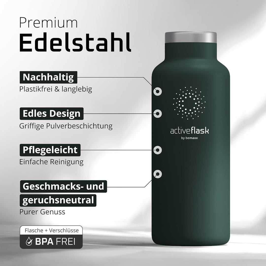 Trinkflasche Edelstahl mit Strohhalm, Infuser + 3 Deckel: BPA-frei, Auslaufsicher, Kohlensäure geeig