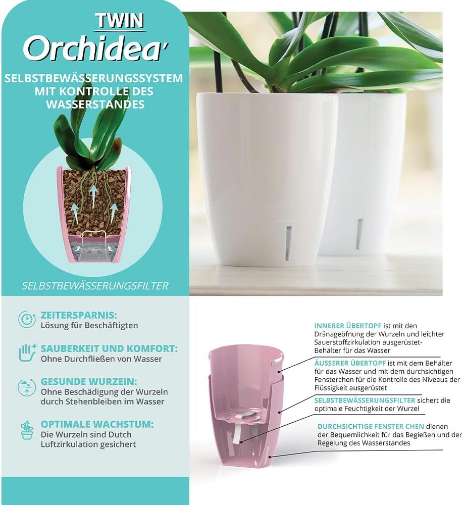 Santino 4er-Set Orchideentopf D 12cm Selbstbewässernder Topf mit Dochtsystem und Wasserstandsanzeige