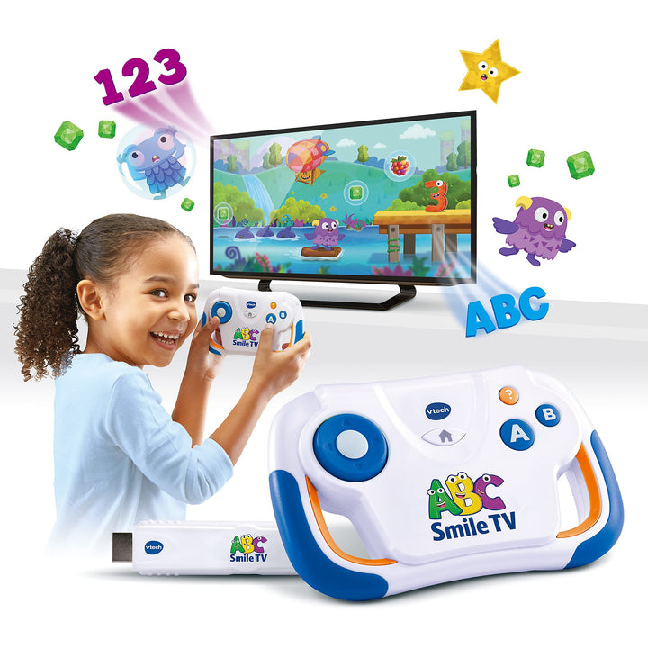 VTech ABC Smile TV – Kabellose Lernkonsole mit HDMI-Stick für den Fernseher mit 15 Spiel-Level für s