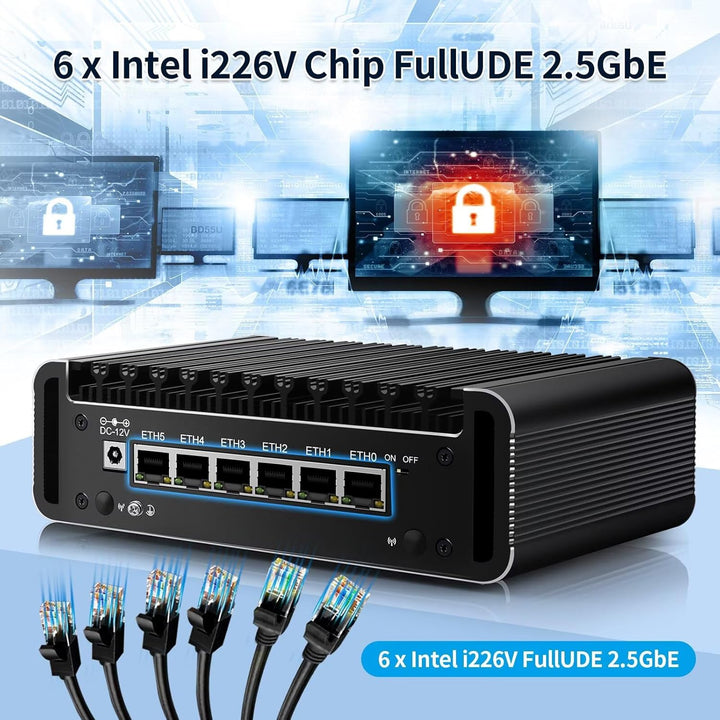 Glovary Firewall Mini PC Quad Core N100, DDR5 8GB RAM 128GB NVMe SSD, 6 x 2.5GbE i226V LAN Fanless C