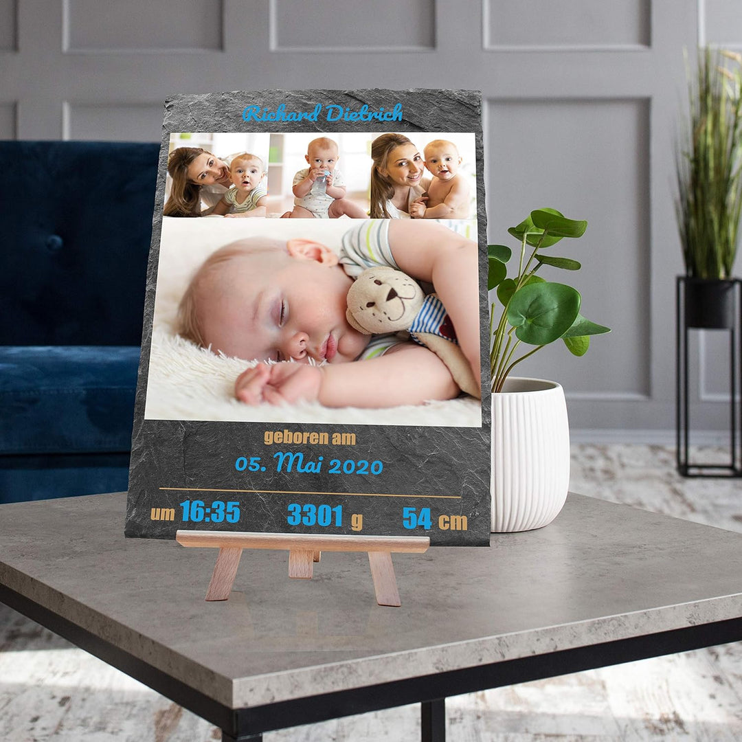 wandmotiv24 Schieferplatte mit eigenen Fotos zur Geburt, 20 x 30 cm, inklusive Staffelei, 4 Fotos +