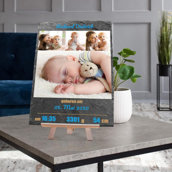 wandmotiv24 Schieferplatte mit eigenen Fotos zur Geburt, 20 x 30 cm, inklusive Staffelei, 4 Fotos +