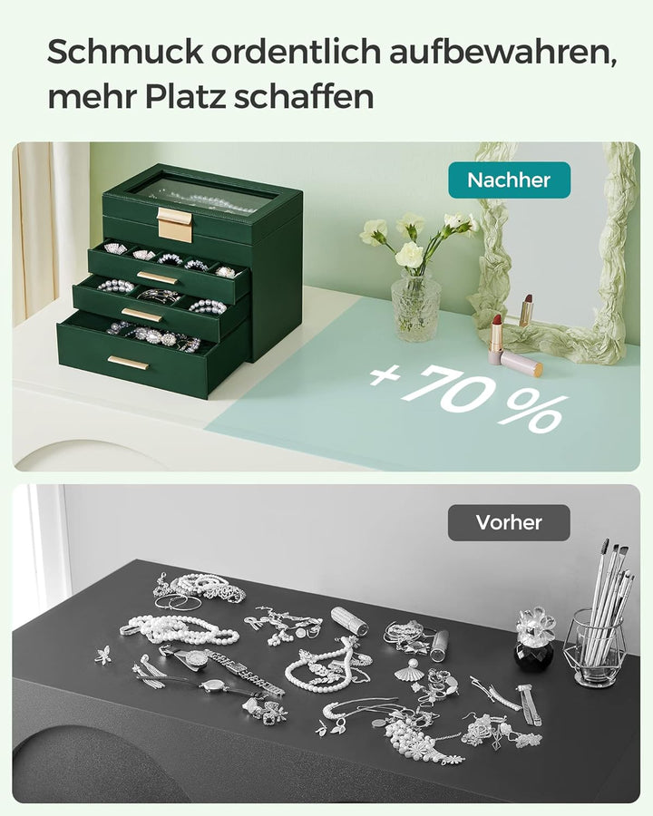 SONGMICS Schmuckkästchen, Schmuckkasten mit 4 Ebenen, Schmuckbox mit Glasdeckel, 3 Schubladen, für S