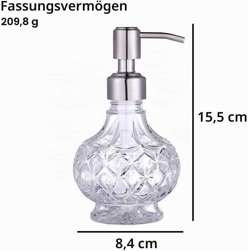 YunNasi Seifenspender mit Edelstahlpumpe, klares Kristalldesign, Vintage und elegant, nachfüllbare f