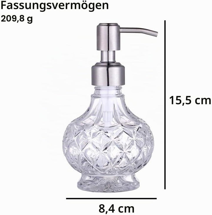 YunNasi Seifenspender mit Edelstahlpumpe, klares Kristalldesign, Vintage und elegant, nachfüllbare f
