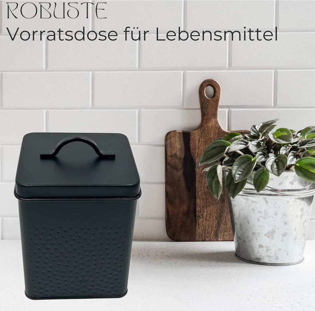 Vorratsdose Keksdose, Lebensmitteldose TARO strukturierte Oberfläche, schwarz pulverbeschichtet, eck