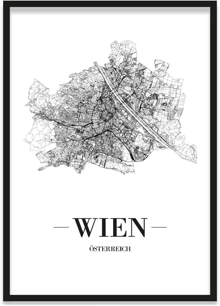 JUNIWORDS Stadtposter, Wien, Wähle eine Grösse, 21 x 30 cm, Poster mit Rahmen, Schrift A, Weiss 21 x