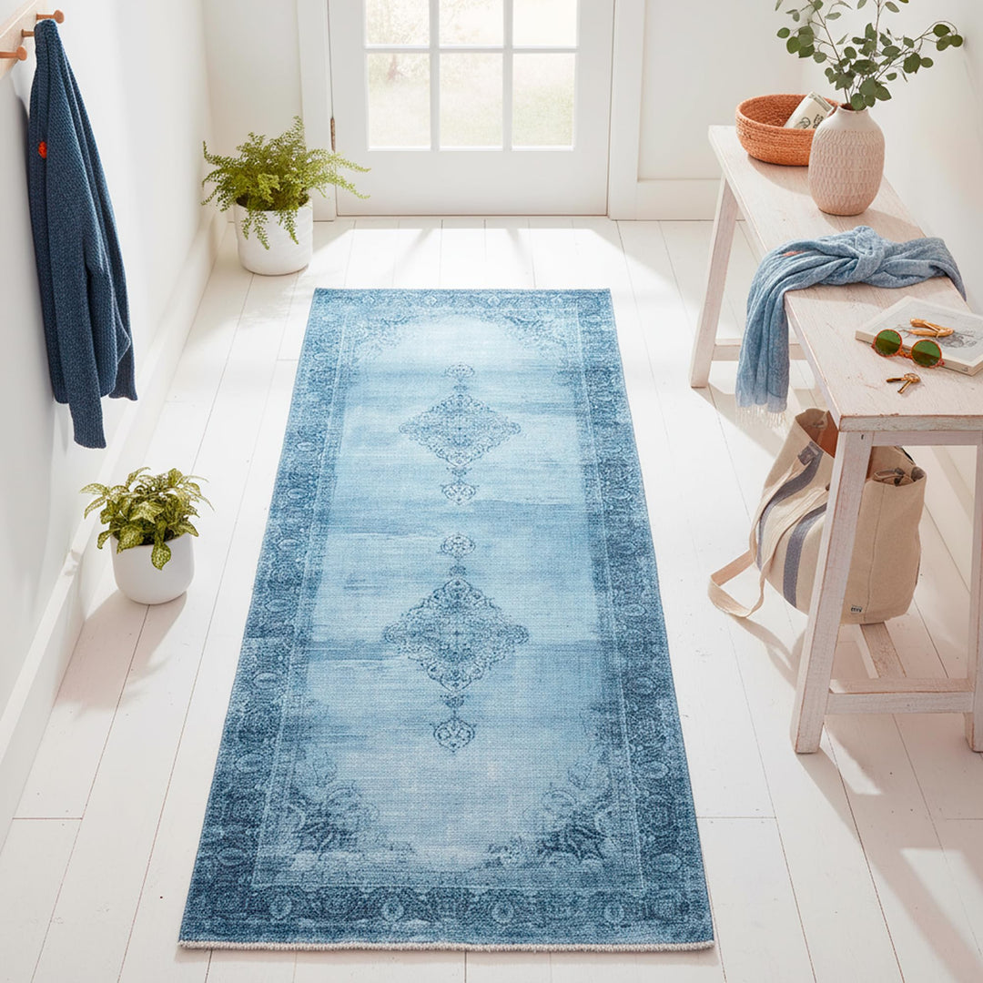 Kelim Vintage Teppich Laufer Jeans Blau 80 X 145 cm, Waschbar Boho Teppich Super Soft, Moderner Kurz