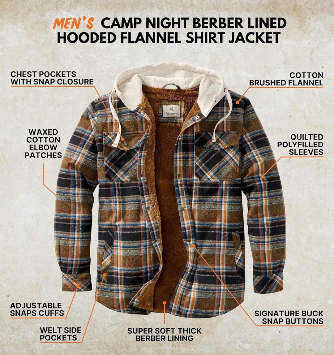 Legendary Whitetails Herren Camp Night Berber Lined Hooded Flannel Shirt Jacket Jacke S Porter Plaid
