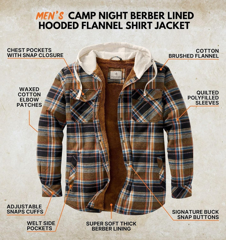 Legendary Whitetails Herren Camp Night Berber Lined Hooded Flannel Shirt Jacket Jacke S Porter Plaid