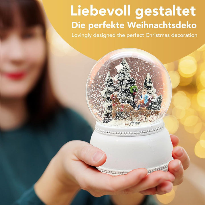 Weihnachts-Schneekugel mit Musik | Schneekugel Kutschfahrt mit Familie | Sockel Nostalgie weiss | 10