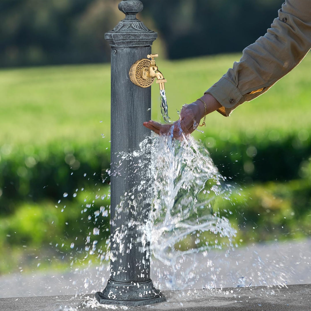 Relaxdays Standbrunnen Antik, mit Wasserhahn, HBT: 84x21,5x25 cm, Wasserzapfsäule Garten, Terrasse,