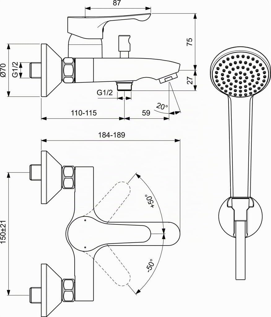 Ideal Standard BC676AA Wannenarmatur Alpha Aussenarmatur mit Zubehör,