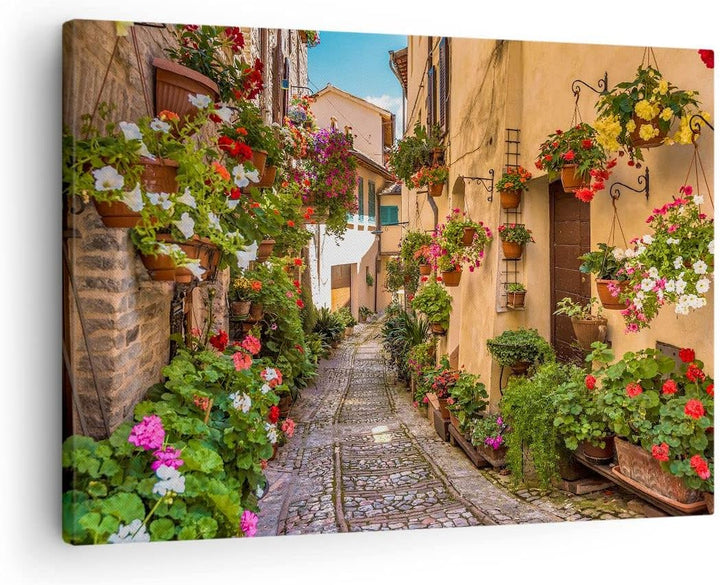 Bilder auf Leinwand Path Blumen Haus Hof Leinwandbild mit Rahmen 70x50cm Wandbilder Dekoration Wohnz
