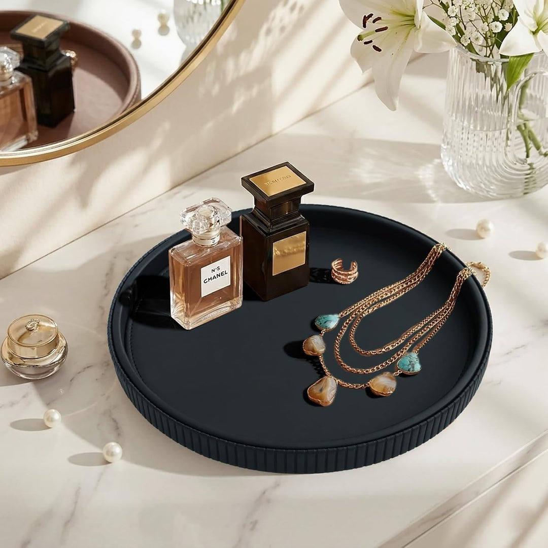 HofferRuffer Round Serving Tray, Leather Decorative Tray 30cm,Black Schwarz, Schwarz