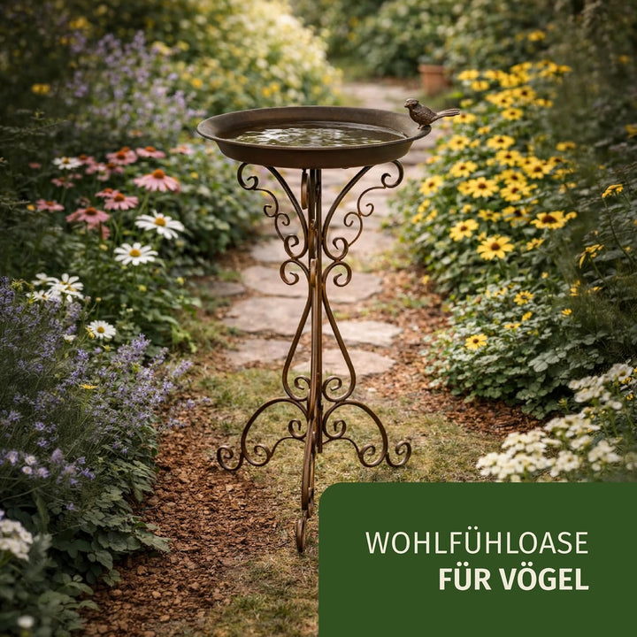 Moritz Vogeltränke Vogelbad Dunkelbraun mit kleinem Vogel auf der Wasserschale Höhe 73cm stehend Vog